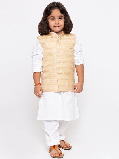 Vastramay Boys' White Cotton Silk Kurta, Jacket and Pyjama Set