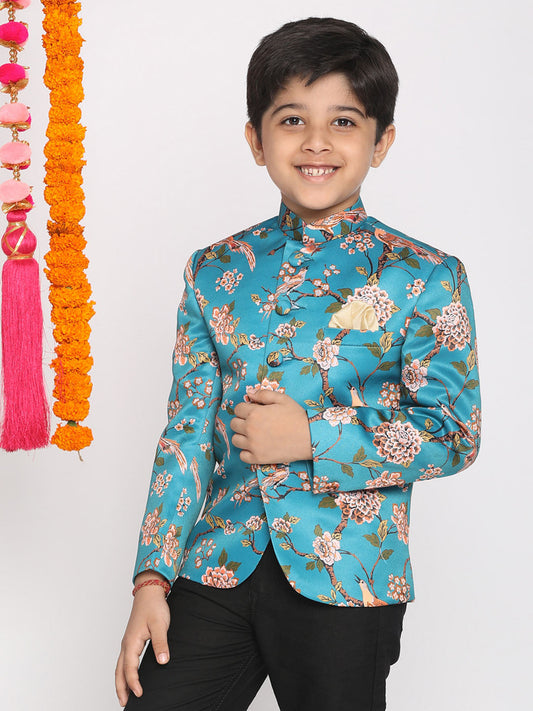 Vastramay Boys Turquoise Blue Printed Bandhgala Blazer