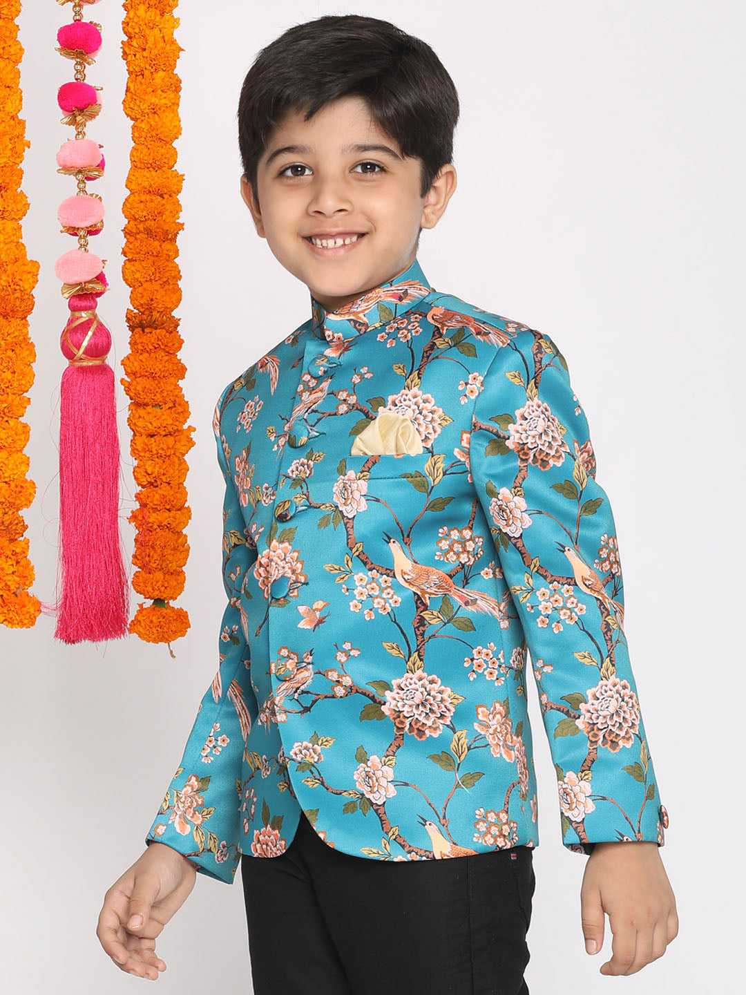 Vastramay Boys Turquoise Blue Printed Bandhgala Blazer