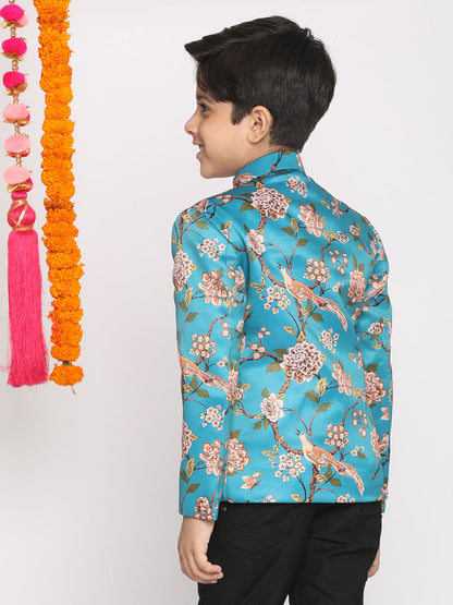 Vastramay Boys Turquoise Blue Printed Bandhgala Blazer