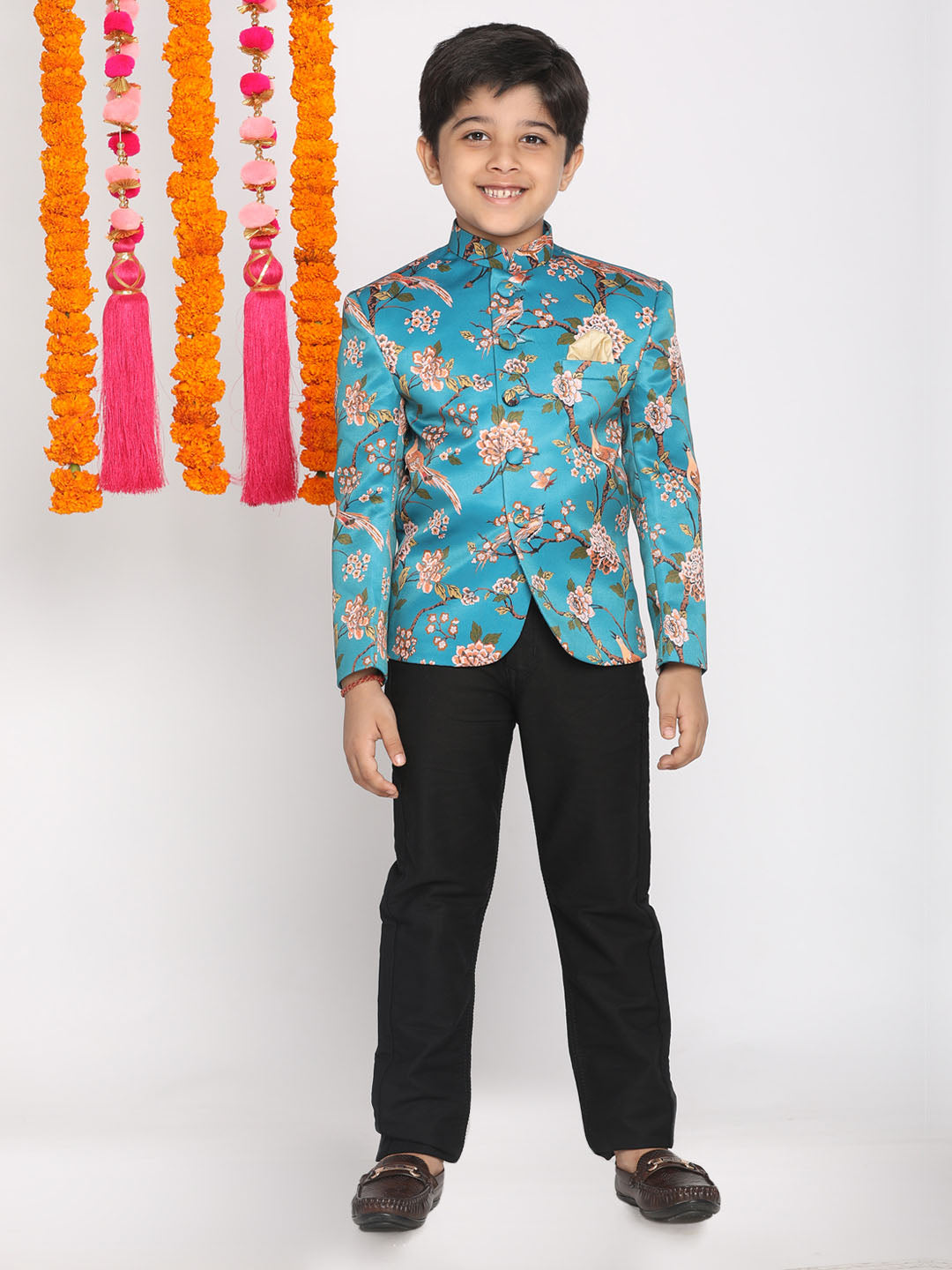 Vastramay Boys Turquoise Blue Printed Bandhgala Blazer