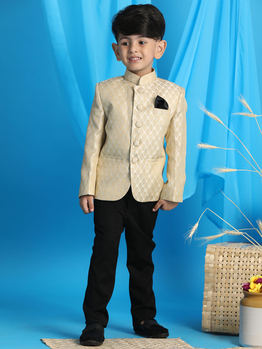 Vastramay boys cream color woven silk blend jodhpuri