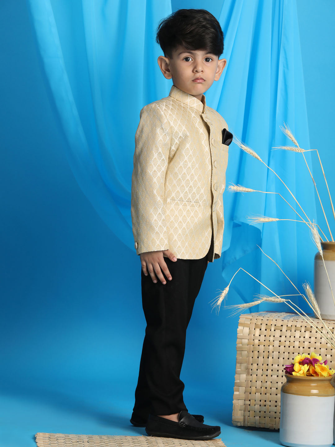 Vastramay boys cream color woven silk blend jodhpuri