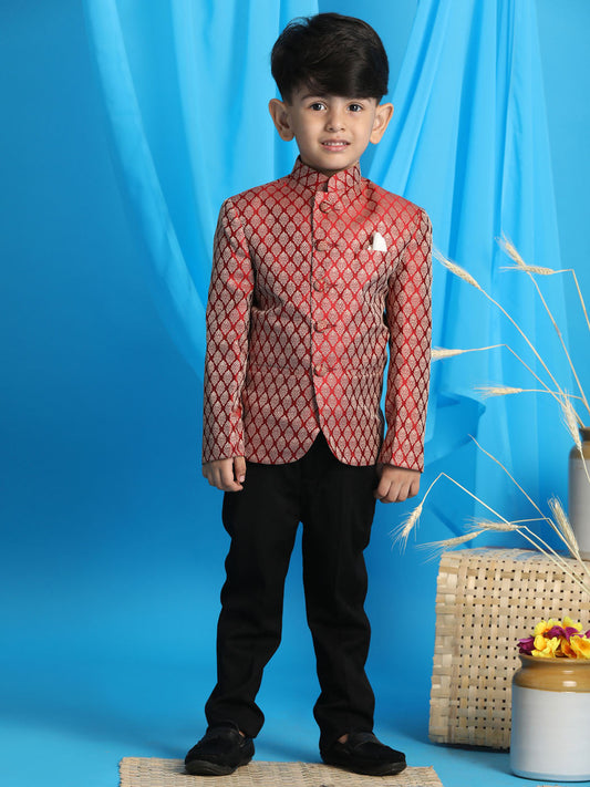 Vastramay boys maroon color woven silk blend jodhpuri