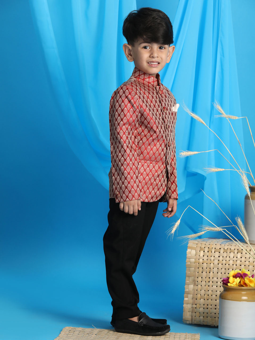 Vastramay boys maroon color woven silk blend jodhpuri