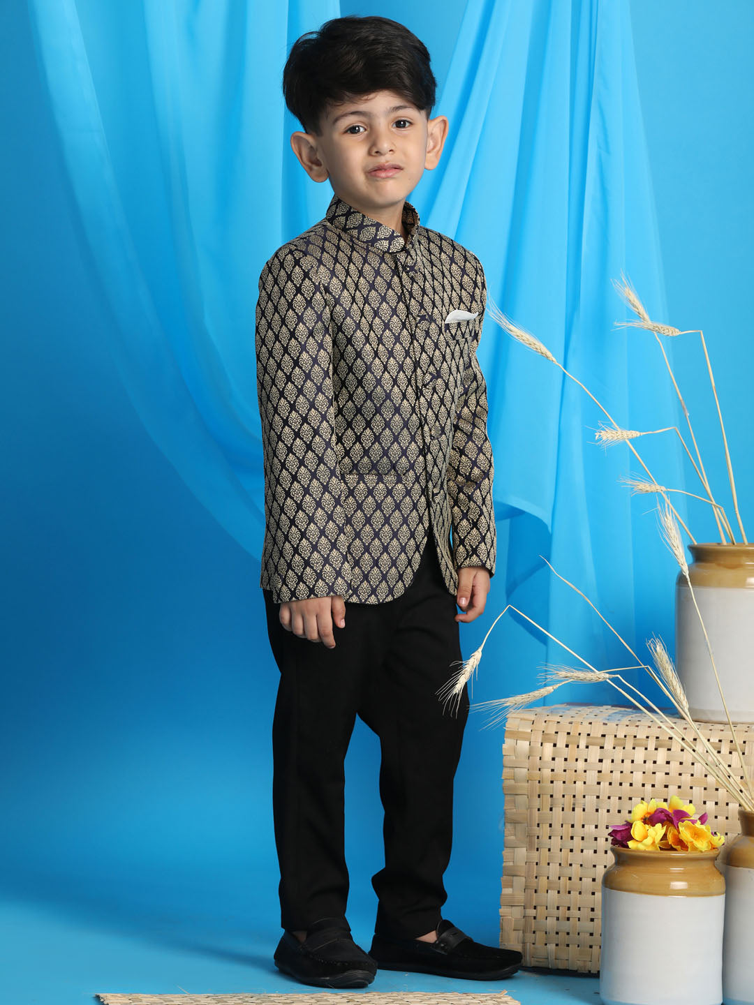 Vastramay boys navy blue color woven silk blend jodhpuri