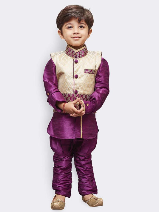 Vastramay Boys' Purple Cotton Silk Kurta, Waistcoat and Pyjama Set