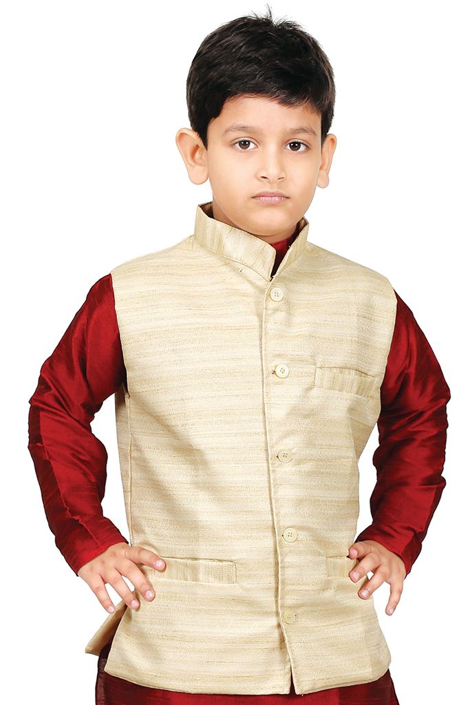 Vastramay Boys' Beige Cotton Silk Nehru Jacket