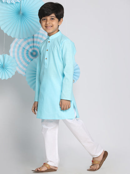 Vastramay Aqua Blue Cotton Baap Beta Kurta Pyjama Set