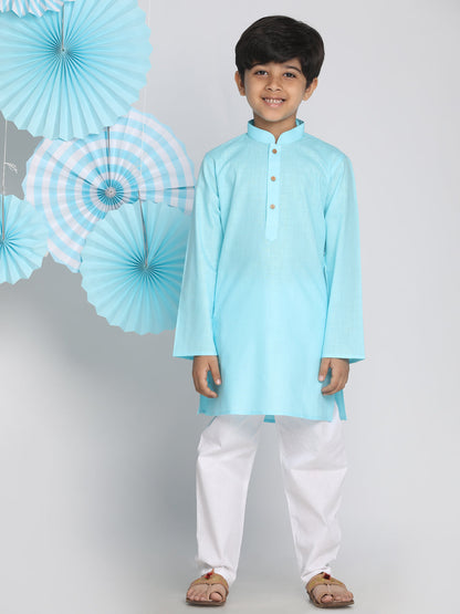 Vastramay Aqua Blue Cotton Baap Beta Kurta Pyjama Set