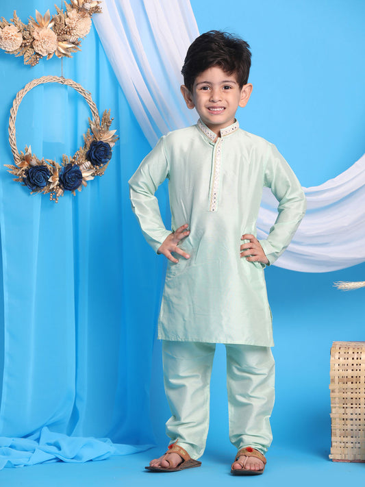 Vastramay Boys' Mint Green Viscose Kurta and Pyjama Set