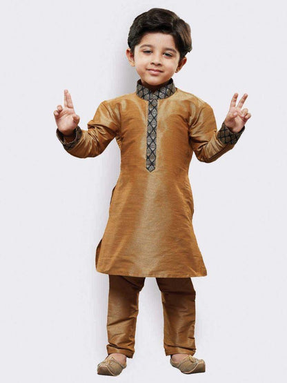 Vastramay Boys' Gold Cotton Silk Kurta and Pyjama Set