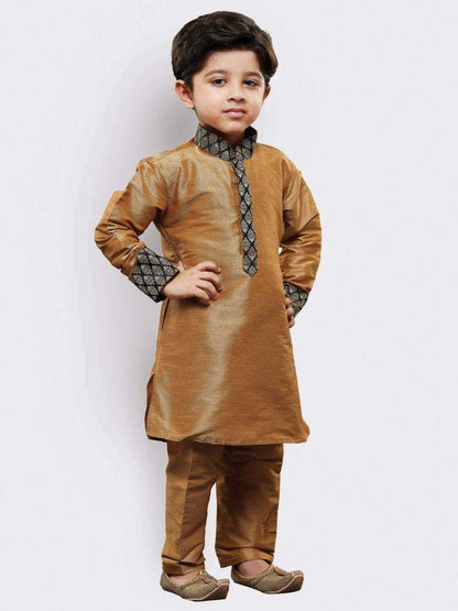 Vastramay Boys' Gold Cotton Silk Kurta and Pyjama Set