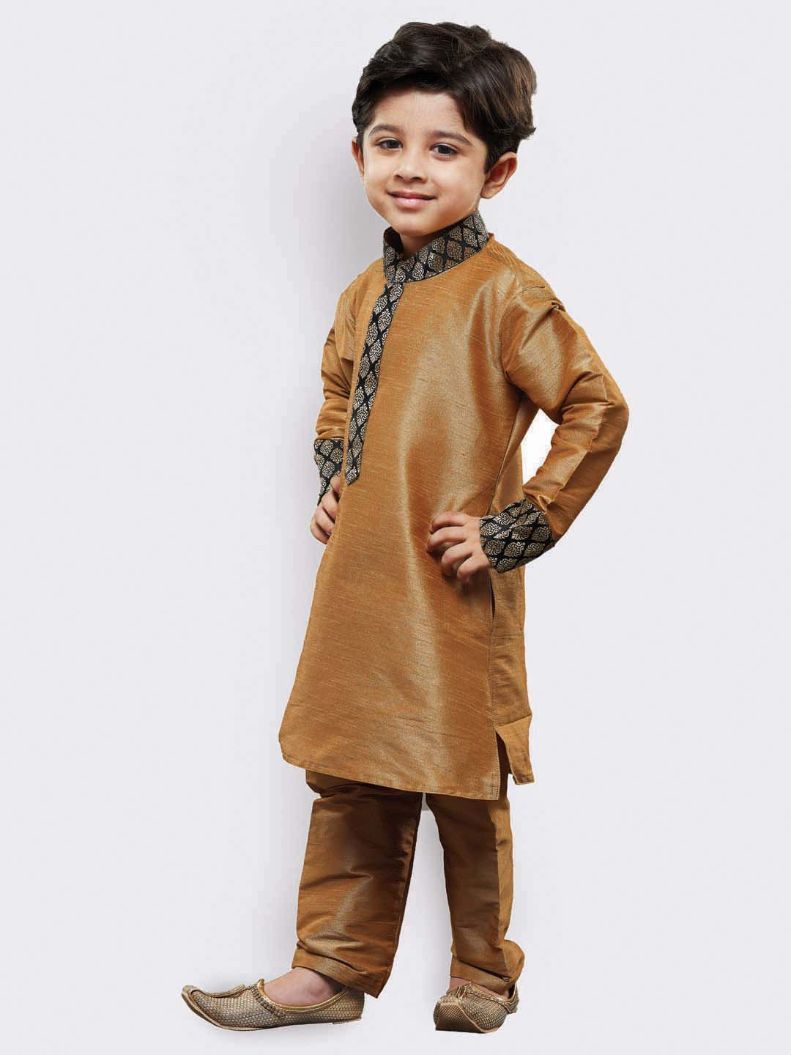 Vastramay Boys' Gold Cotton Silk Kurta and Pyjama Set