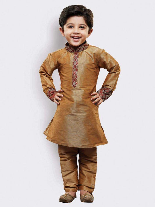 Vastramay Boys' Gold Cotton Silk Kurta and Pyjama Set