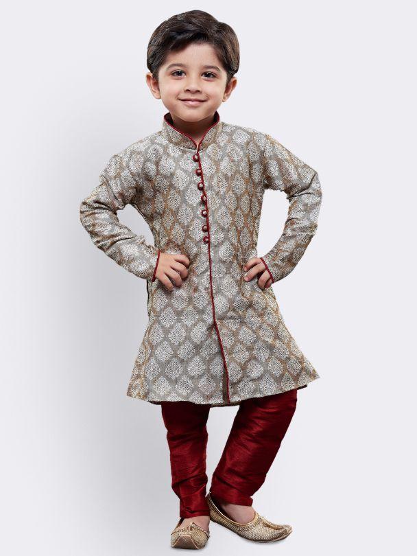 Vastramay Boys' Grey Cotton Silk Kurta and Pyjama Set