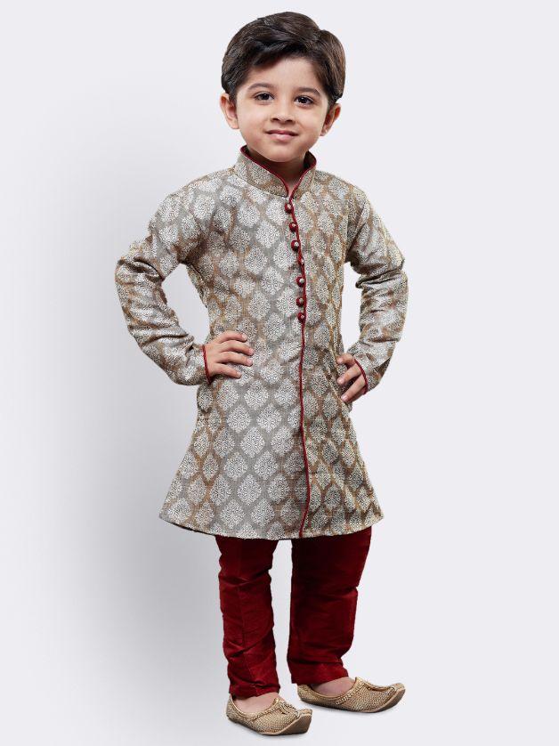 Vastramay Boys' Grey Cotton Silk Kurta and Pyjama Set