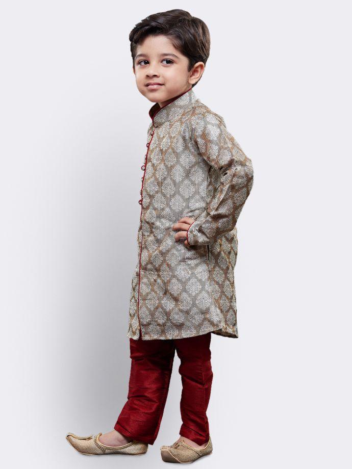 Vastramay Boys' Grey Cotton Silk Kurta and Pyjama Set