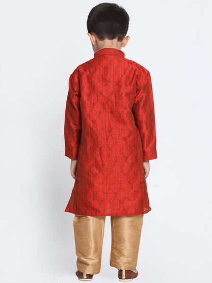 Vastramay Boys' Red Cotton Silk Blend Kurta and Pyjama Set