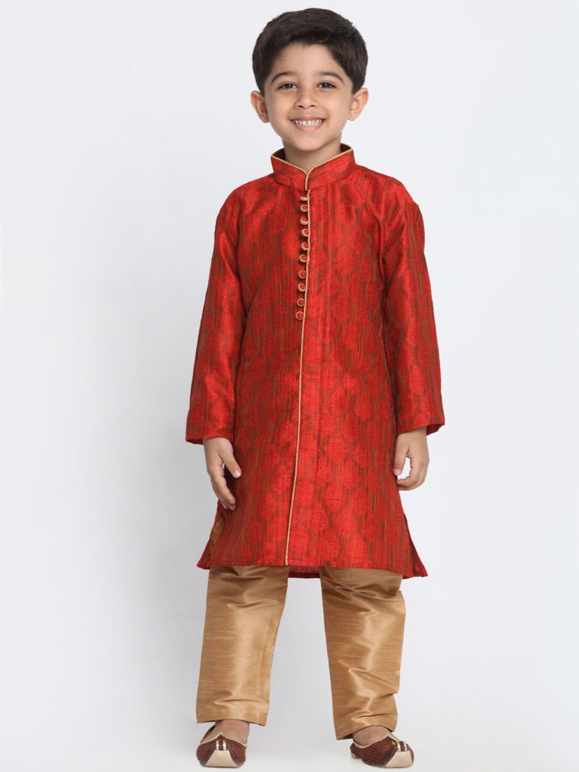 Vastramay Boys' Red Cotton Silk Blend Kurta and Pyjama Set