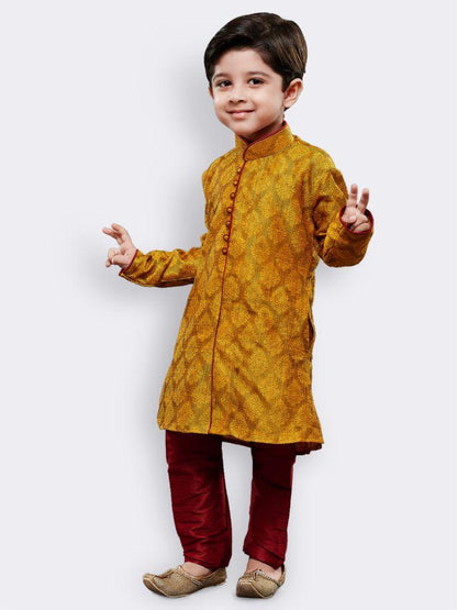 Vastramay Boys' Yellow Cotton Silk Kurta and Pyjama Set