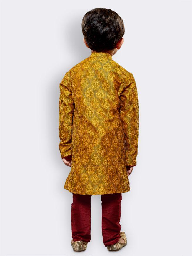 Vastramay Boys' Yellow Cotton Silk Kurta and Pyjama Set