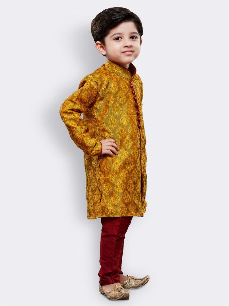 Vastramay Boys' Yellow Cotton Silk Kurta and Pyjama Set