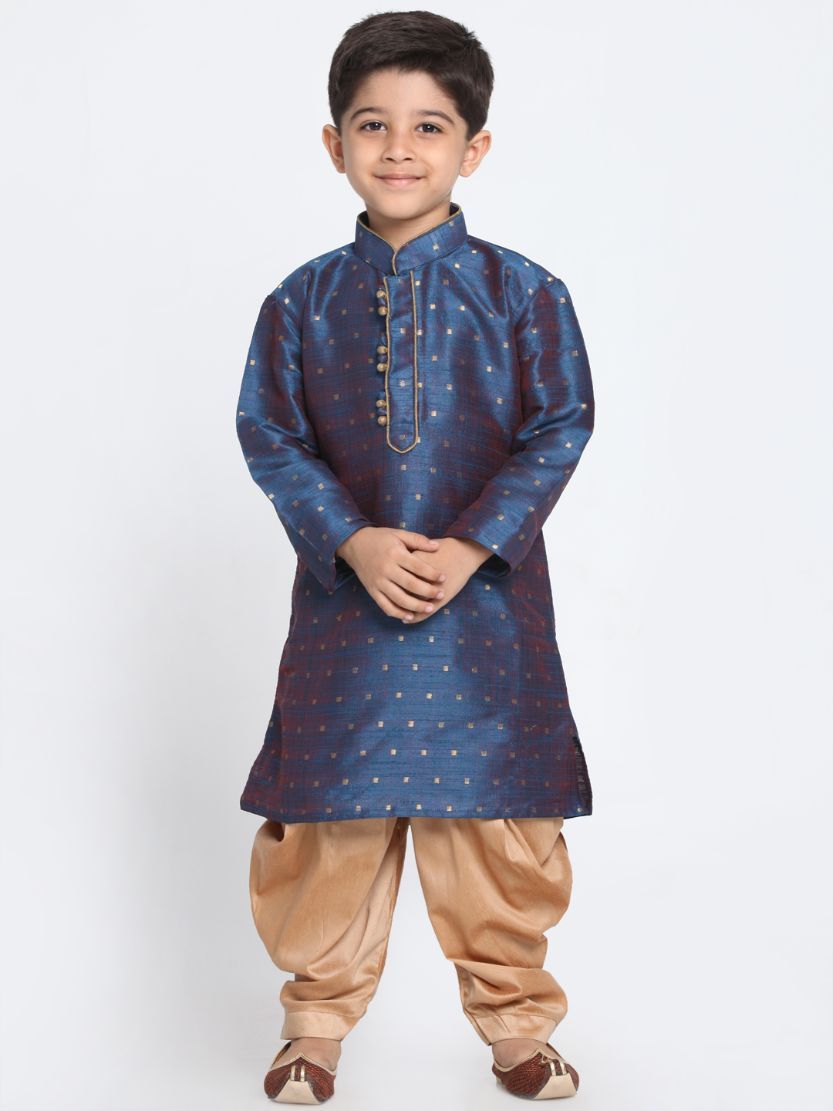 Vastramay Boys' Deep Blue Cotton Silk Blend Kurta and Rose Gold Dhoti Pant Set