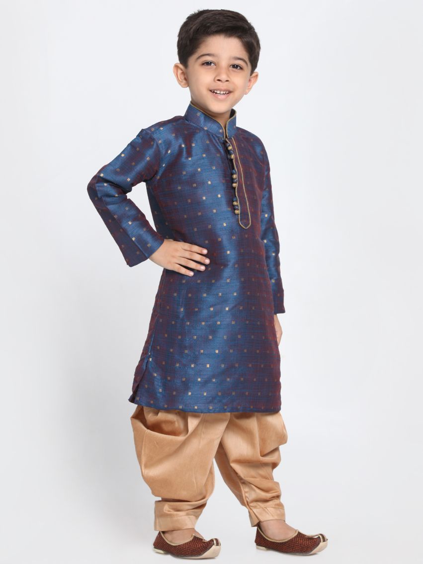 Vastramay Boys' Deep Blue Cotton Silk Blend Kurta and Rose Gold Dhoti Pant Set