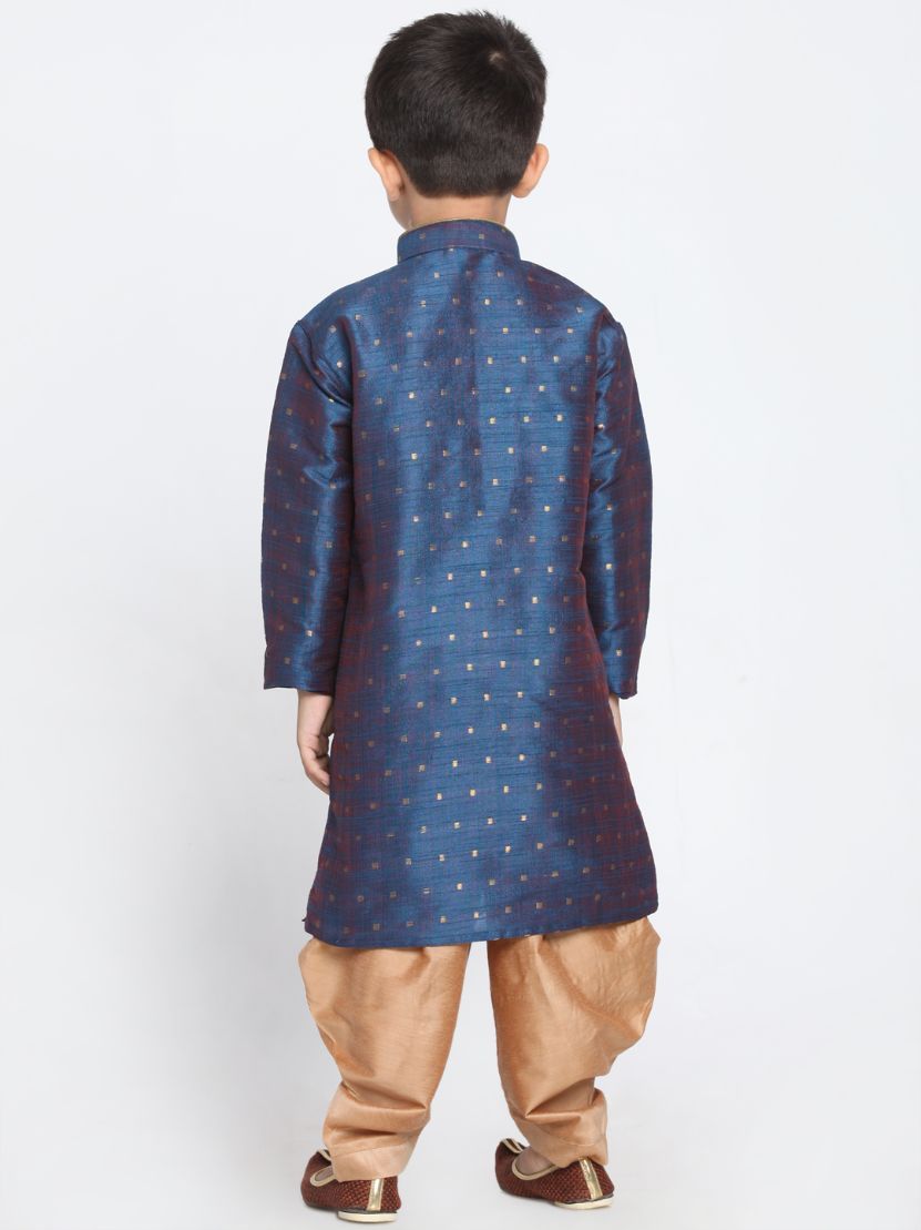 Vastramay Boys' Deep Blue Cotton Silk Blend Kurta and Rose Gold Dhoti Pant Set