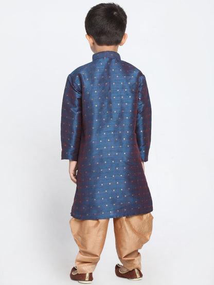 Vastramay Boys' Deep Blue Cotton Silk Blend Kurta and Rose Gold Dhoti Pant Set