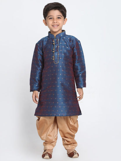 Vastramay Boys' Deep Blue Cotton Silk Blend Kurta and Rose Gold Dhoti Pant Set