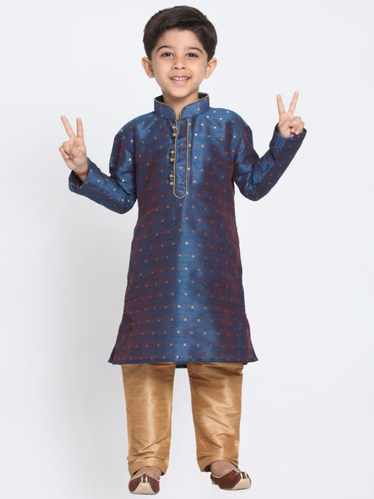 Vastramay Boys' Dark Blue Cotton Silk Blend Kurta and Pyjama Set