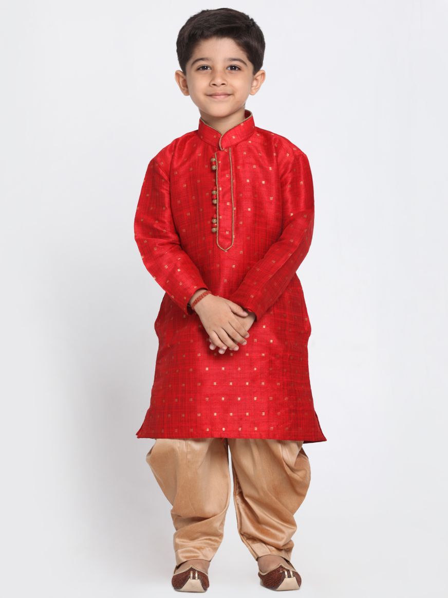 Vastramay Boys' Maroon Cotton Silk Blend Kurta and Dhoti Pant Set