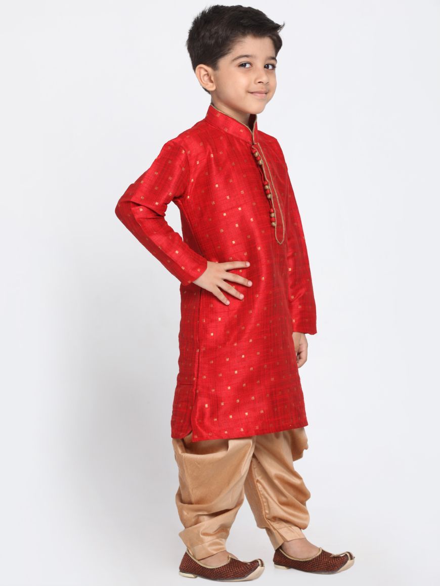 Vastramay Boys' Maroon Cotton Silk Blend Kurta and Dhoti Pant Set