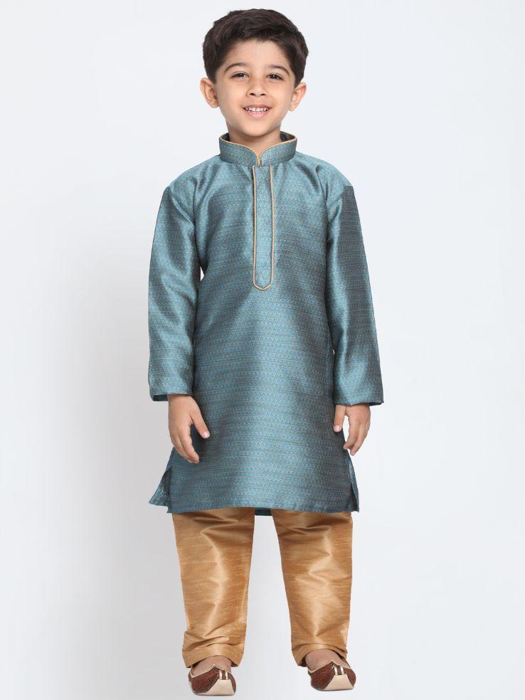 Vastramay Boys' Blue Cotton Silk Blend Kurta and Pyjama Set