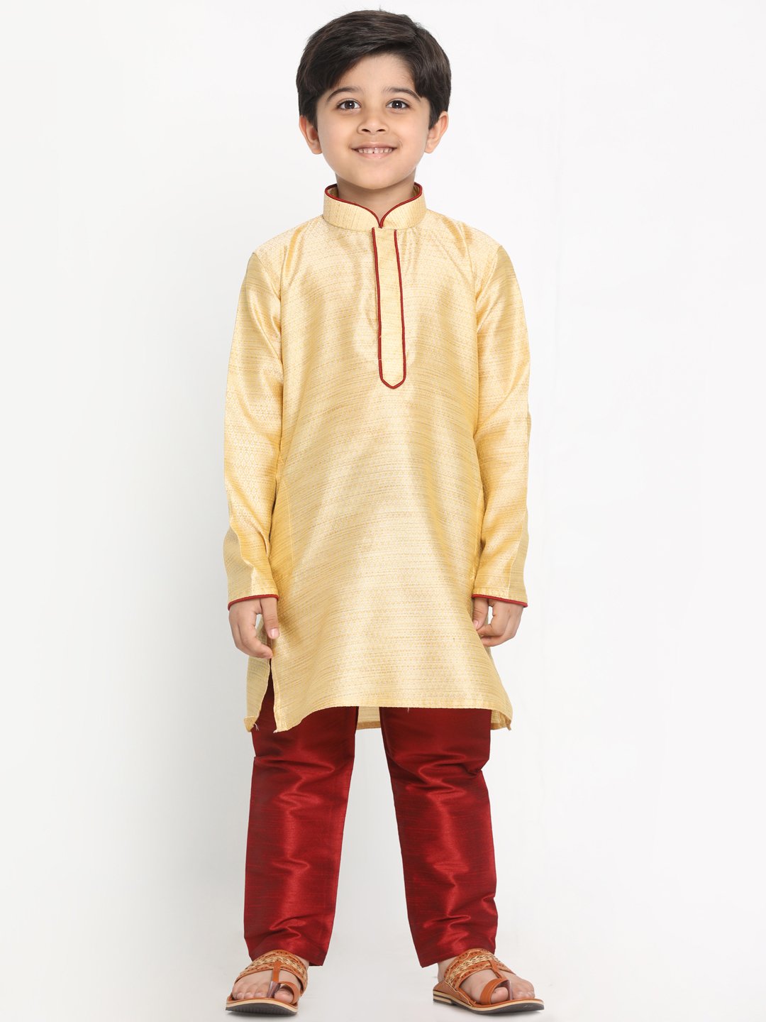 Vastramay  Boys' Gold Silk Blend Kurta and Pyjama Set