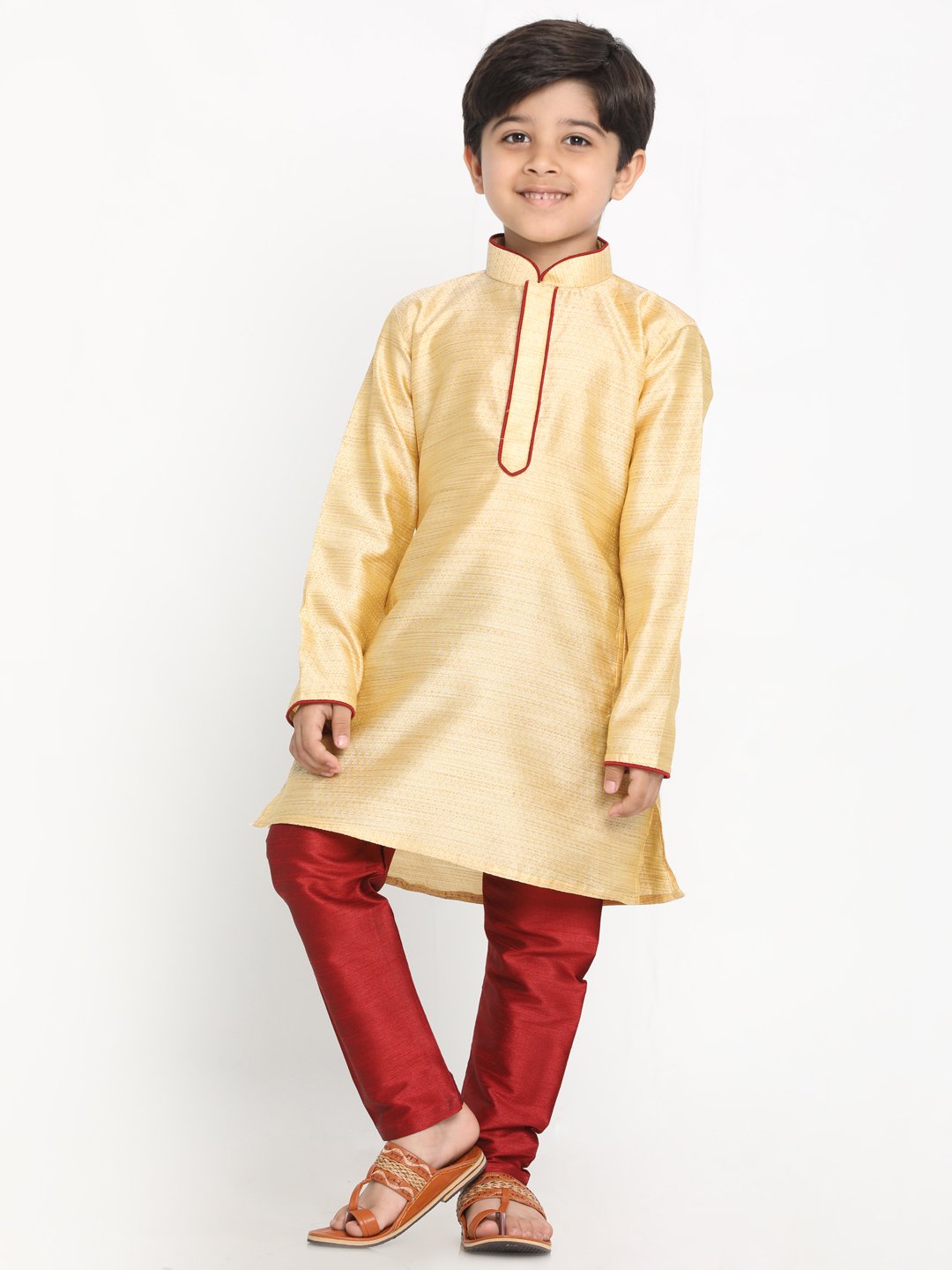 Vastramay  Boys' Gold Silk Blend Kurta and Pyjama Set