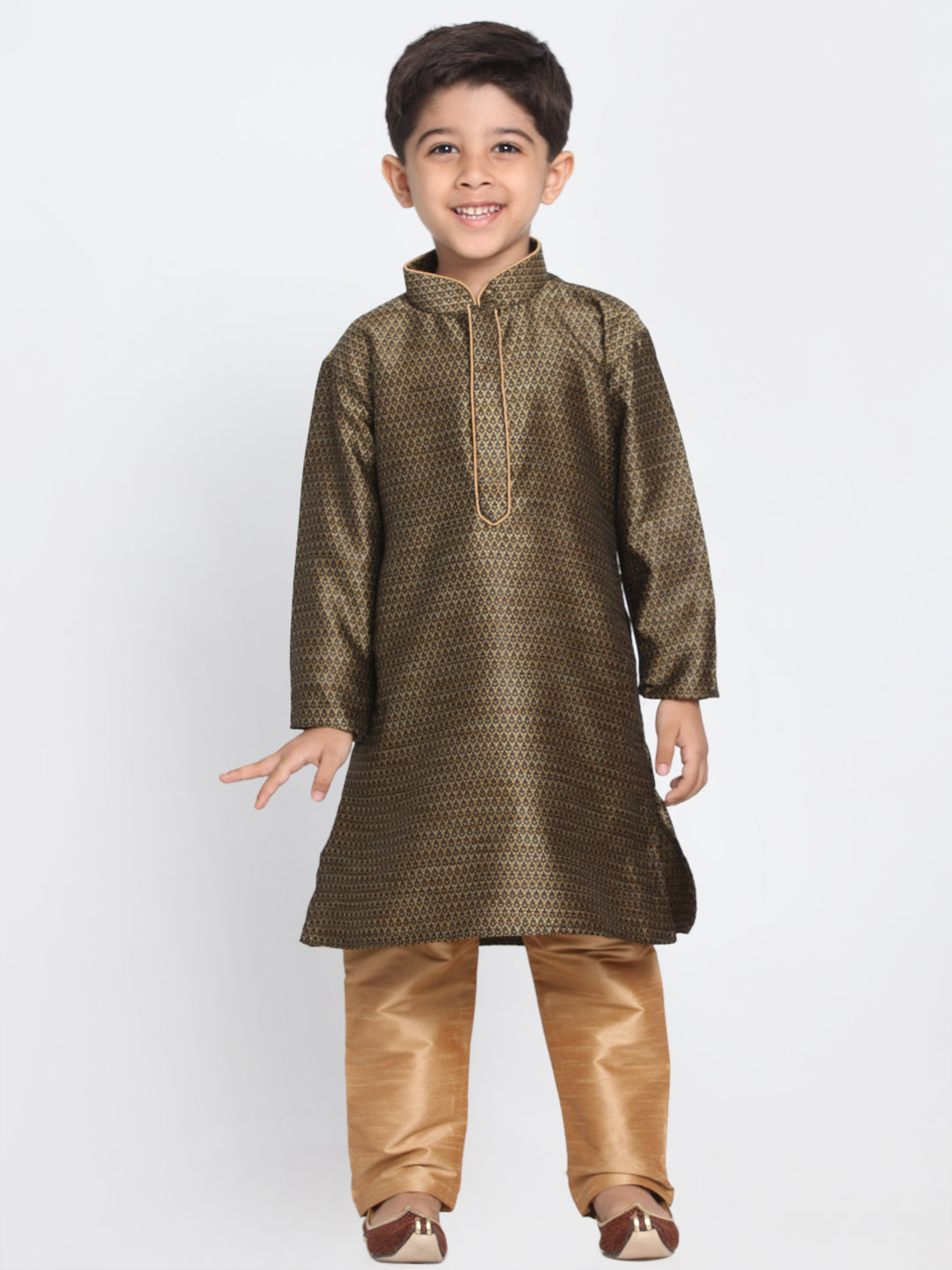 Vastramay Silk Blend Black and Rose Gold Baap Beta Kurta Pyjama set