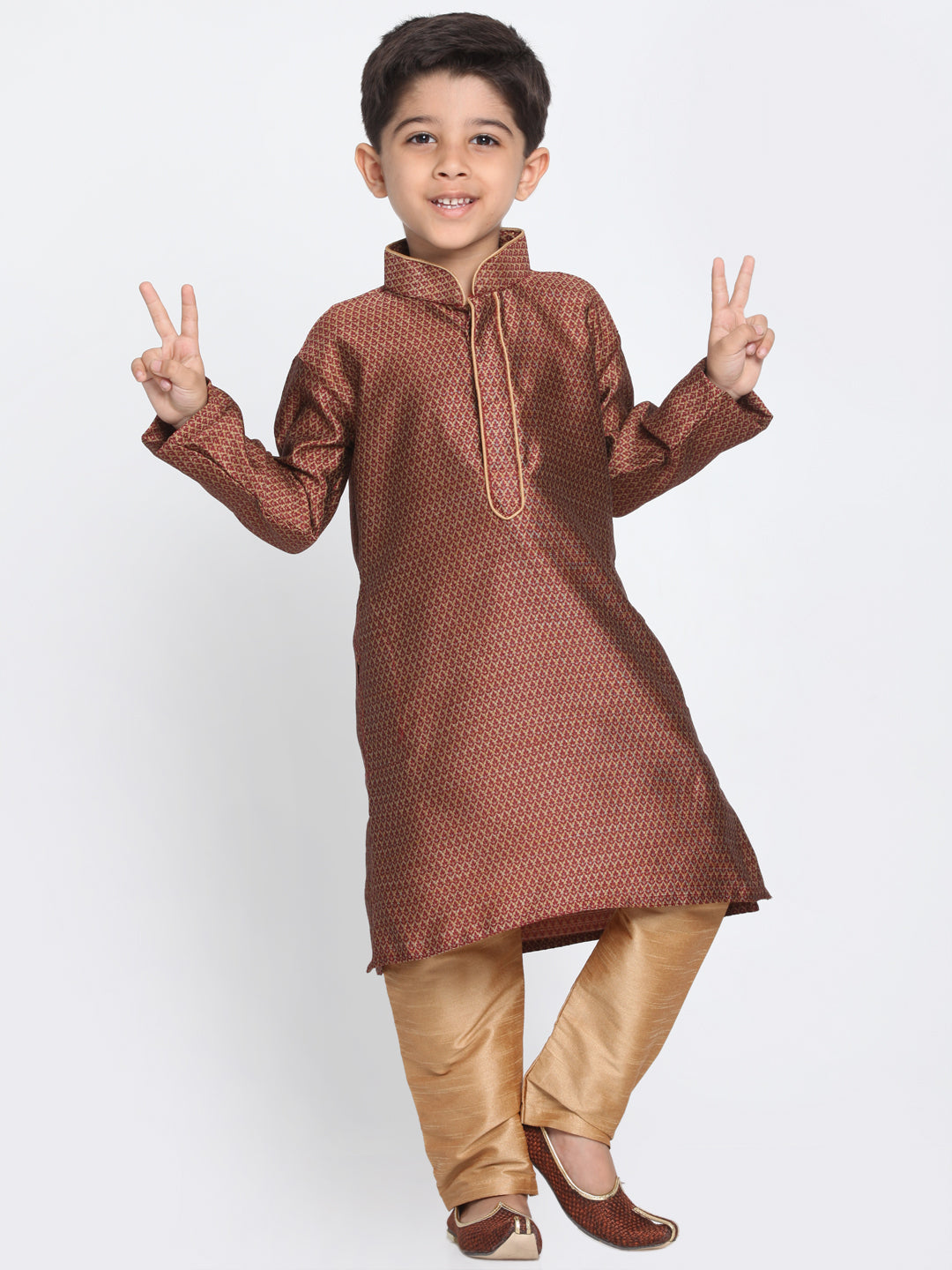 Vastramay Silk Blend Maroon and Rose Gold Baap Beta Kurta Pyjama set