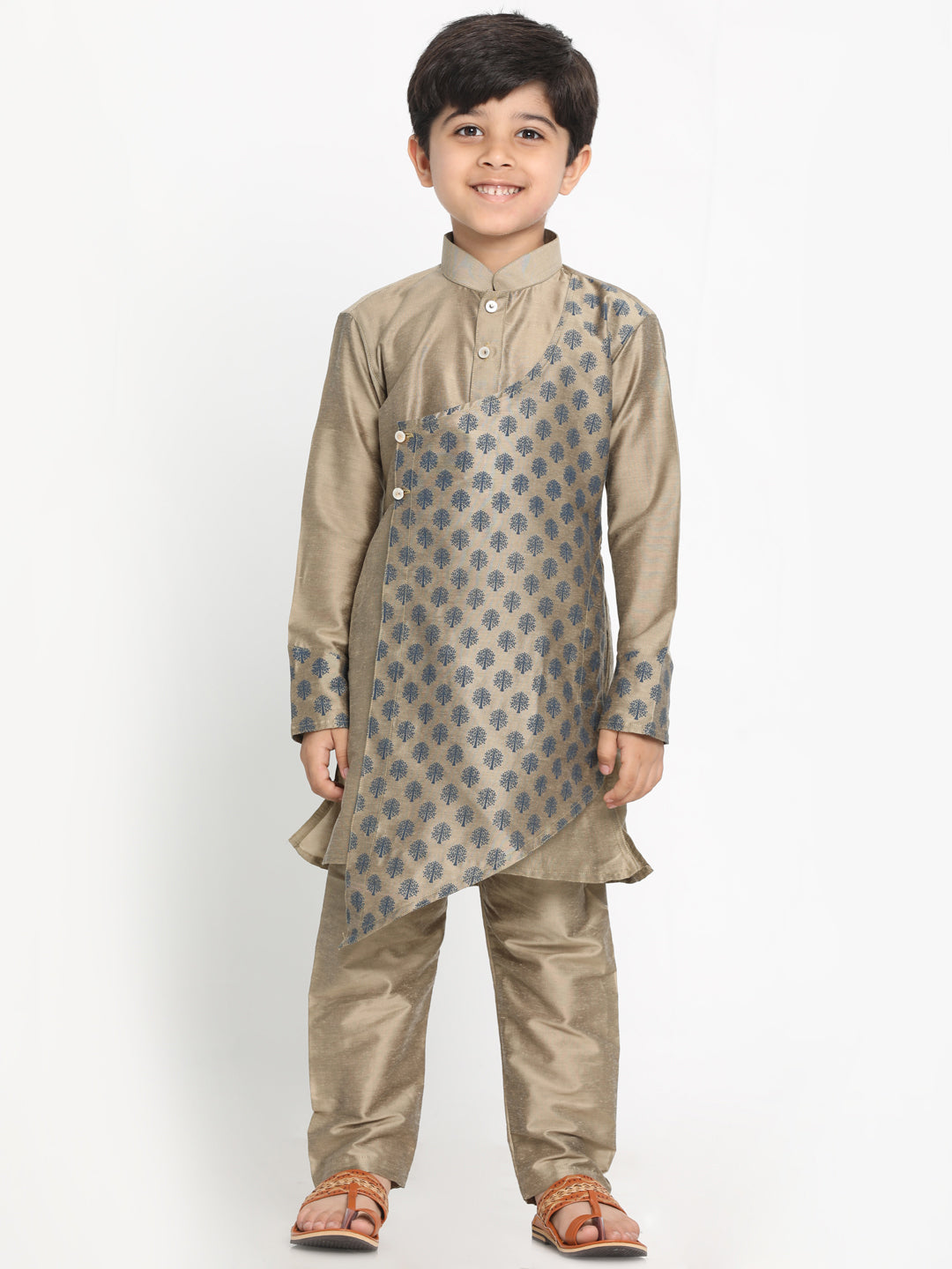 Vastramay Boys Brown Ethnic Motifs Angrakha Kurta with Pyjamas