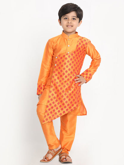 Vastramay Boys Orange Ethnic Motifs Angrakha Kurta with Pyjamas