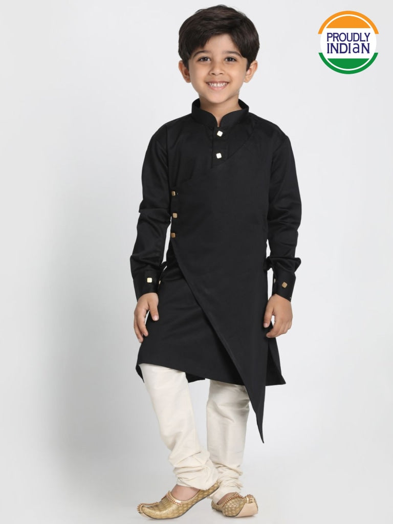 Vastramay  Boys' Black Cotton Satin Blend Kurta and Pyjama Set