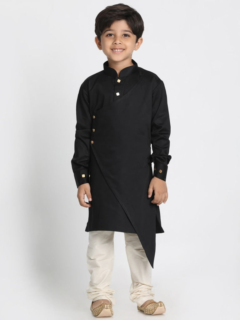 Vastramay  Boys' Black Cotton Satin Blend Kurta and Pyjama Set