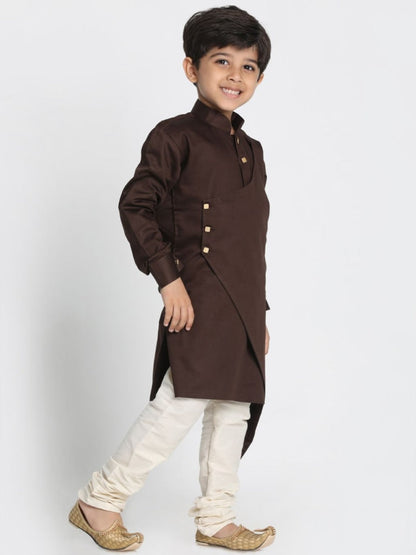 Vastramay Boys' Brown Cotton Silk Blend Kurta and Pyjama Set