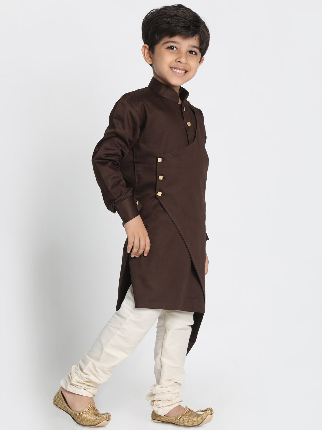 Vastramay Cotton Satin Blend Coffee Brown and Cream Baap Beta Kurta Pyjama Set