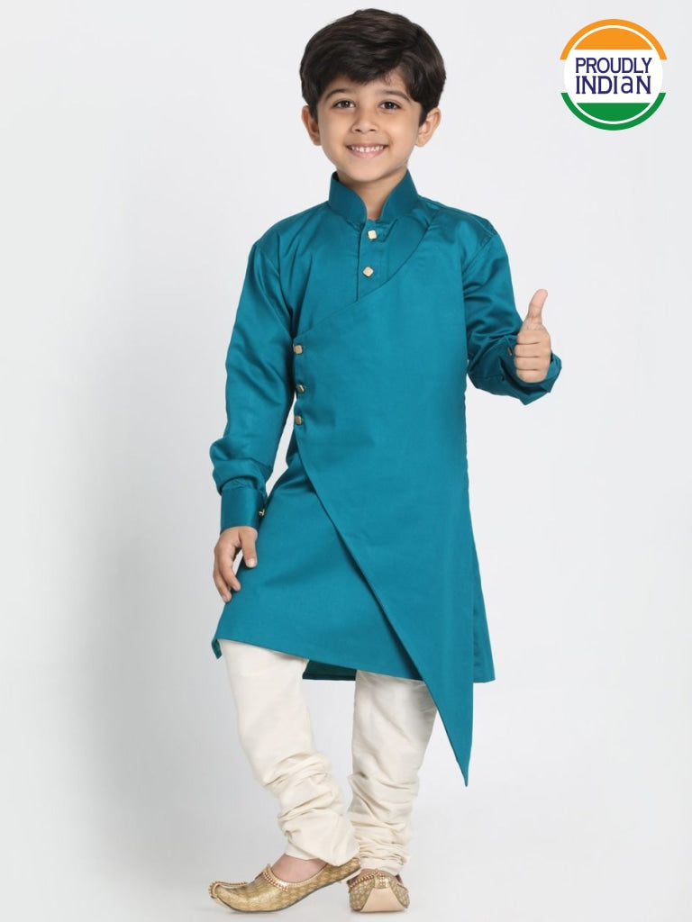 Vastramay Boys' Green Cotton Silk Blend Kurta and Pyjama Set