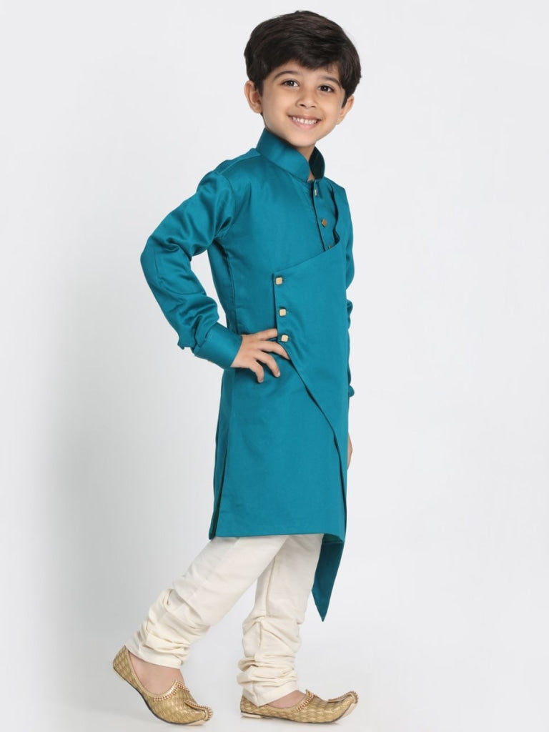 Vastramay Boys' Green Cotton Silk Blend Kurta and Pyjama Set