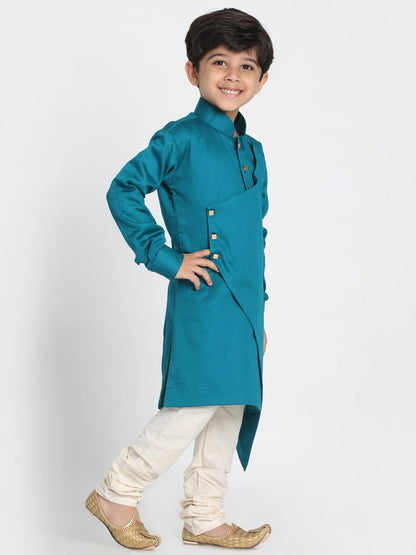 Vastramay Cotton Satin Blend Turquoise and Cream Baap Beta Kurta Pyjama Set