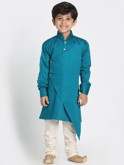 Vastramay Boys' Green Cotton Silk Blend Kurta and Pyjama Set